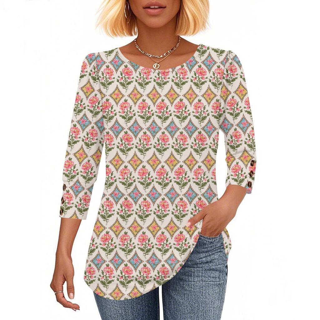 Womens Tops 3/4 Sleeve With Buttons Casual Blouses Summer Outfits Beach Vacation Clothes