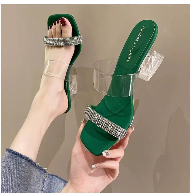 Square Headed Water Diamond Shoes Transparent Sexy Women Sandals High Heels Sandals Crystal  Pumps Shoes Summer New