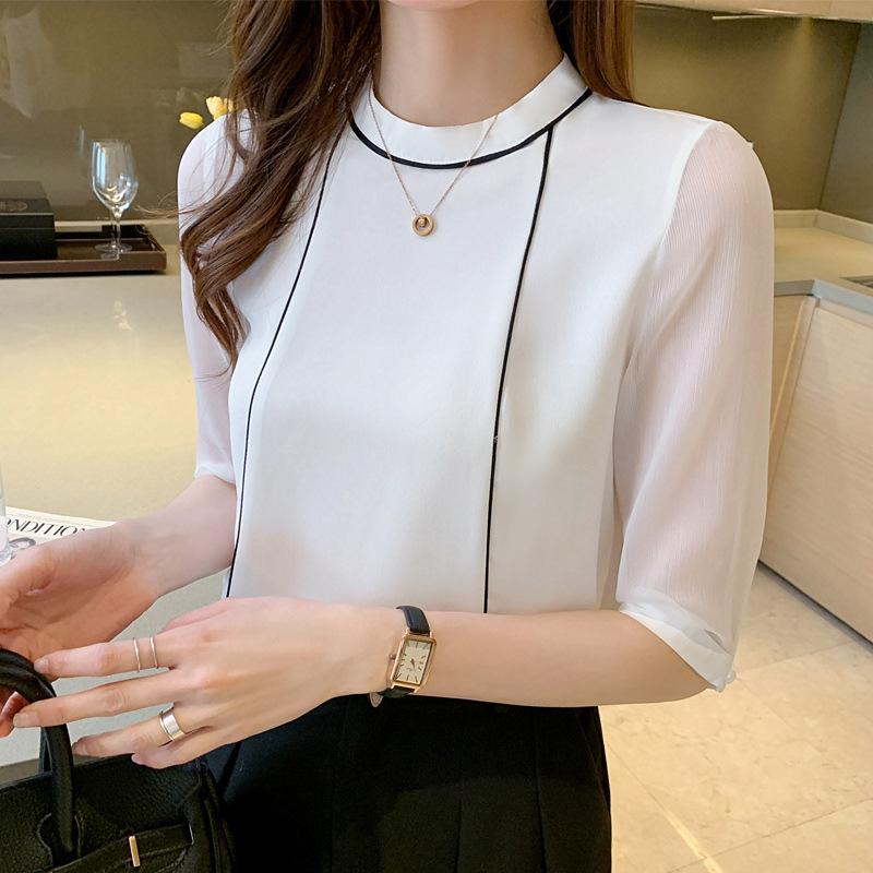 White Shirt Women s Mid-sleeve Top Summer New Simple Temperament Thin Chiffon Shirt S белый