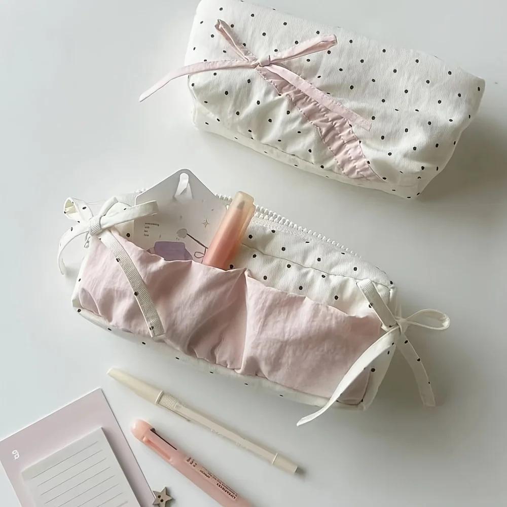 Cute Polka Dot and Strawberry Milk Pencil Case - White with Pink Accessories Heart-shaped Bow Design, Zipper Compartment