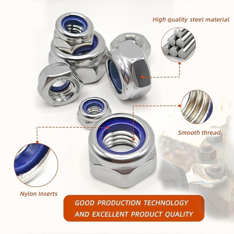 Stainless Steel Nylon Anti-Slip Self-Locking Nuts 100/200 Pcs M3-M10, Nylon Embedded Nuts, Hexagonal Screw Caps