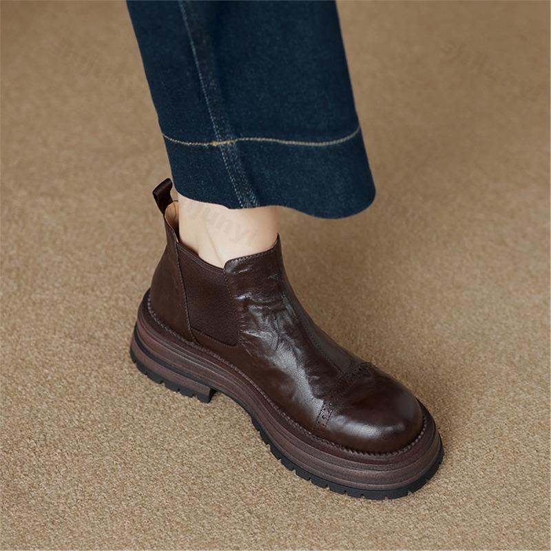

Autumn Women Ankle Boots 2026 Fashion Round Toe Short Boot Ladies Casual Low Heel Shoes Leather Shoes High Quality Mujer Botas 35 коричневий