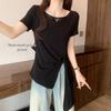 2026 Summer Plus Size Women's Chic Sequined Lace-up Round Neck Short Sleeve T-shirt