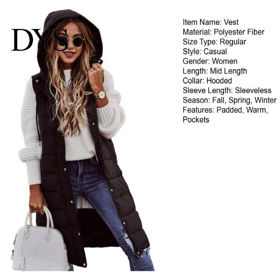 Winter Waistcoat Women Vest Coat Hooded Solid Color Zipper Closure Drawstring Padded Sleeveless Thick Mid Length Windproof Warm Lady Long
