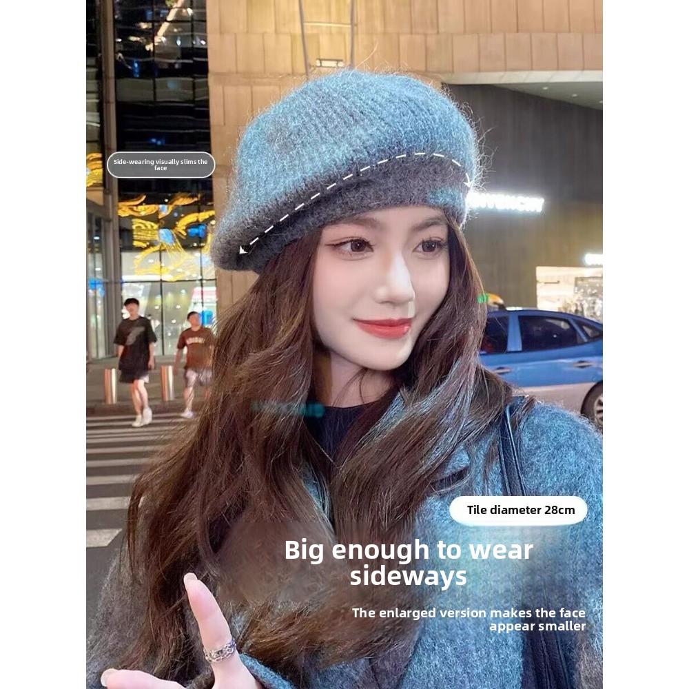 Beretă tricotată Toamnă și Iarnă Pălărie de pictor Pălărie de pluș Versatilă Ins Circumferință mare a capului Pălărie de lână