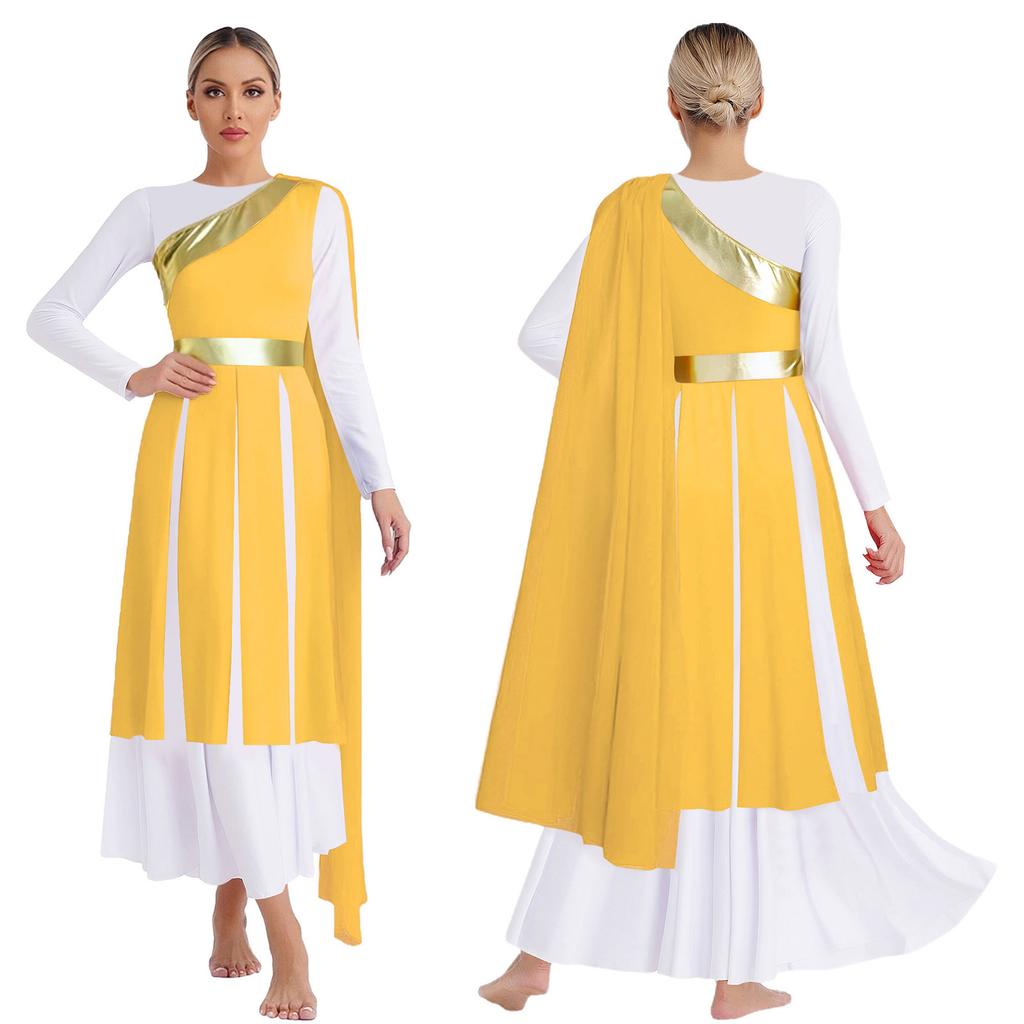 S-XXL Lyrical Worship Dance Dress One Shoulder Sleeveless Metallic Shiny Patchwork Slit Hem Tunic with Drape for Stage