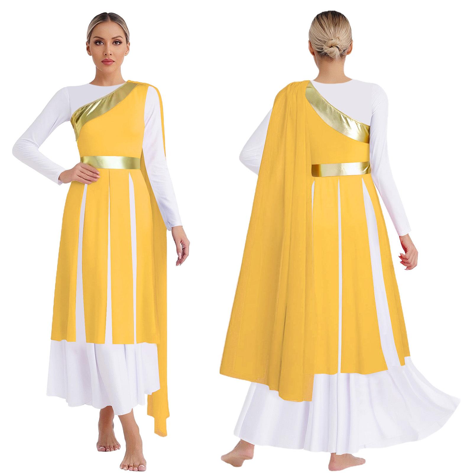 Women’s Lyrical Worship Praise Dance Dress S-XXL One Shoulder Drape Sleeveless Metallic Shiny Patchwork Slit Hem Tunic Costume S жёлтый