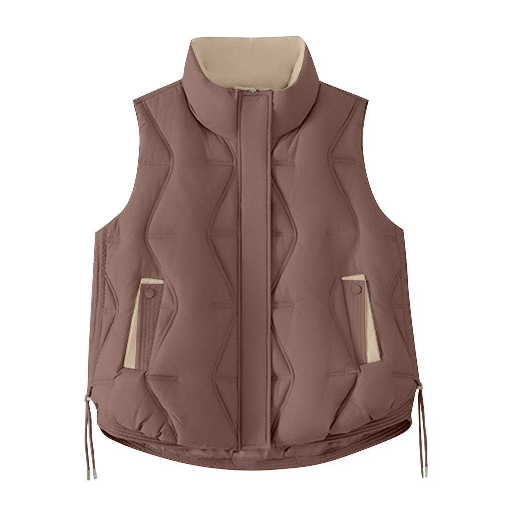 Women's Solid Color Fashionable Pocket Stand Up Collar Button Vest Jacket