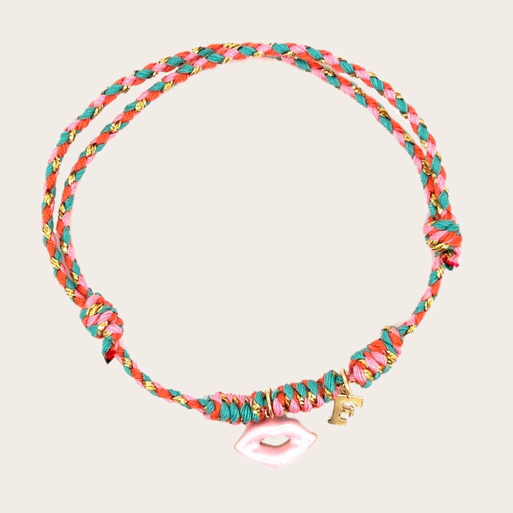 Art Style Stainless Steel Lips Colorful Braided Rope Letter Pendant Design Bohemian Bracelet