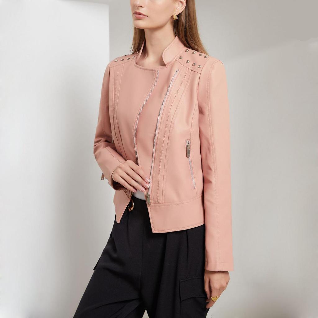 Women Faux Leather Jacket Moto Biker Short Coat PU Motorcycle Racer Lapel Collar Crop Blazer Punk Rock Stylish Outwear with Rivets Fashion Tops Outfit