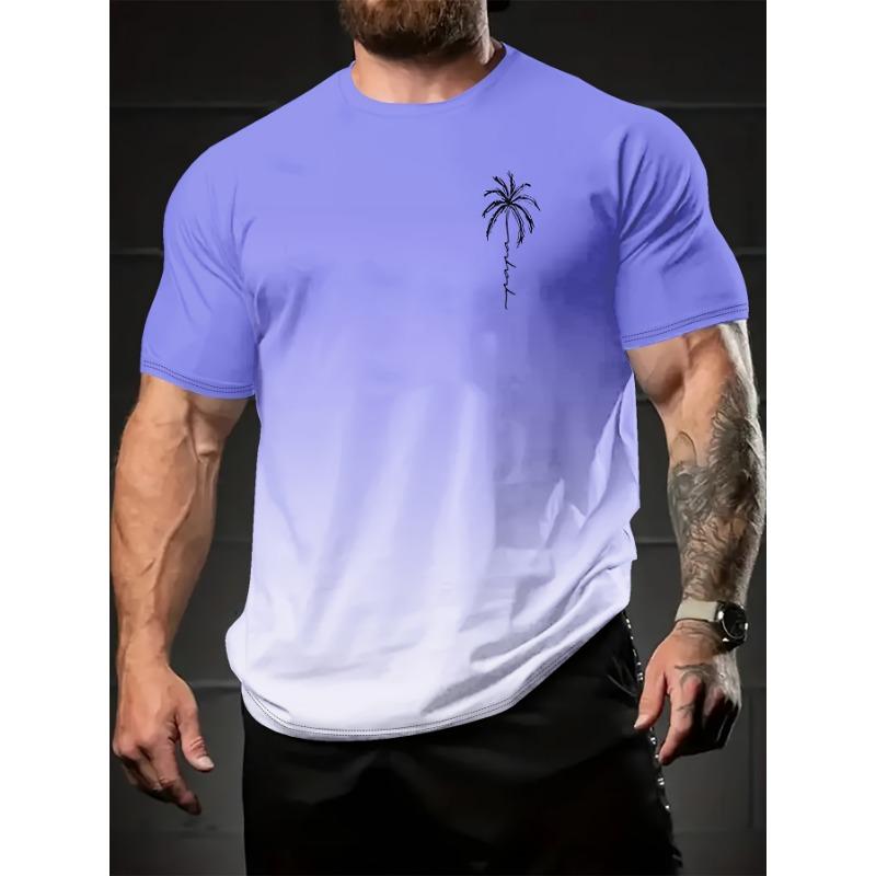 Men's Summer Palm Tree Gradient T-shirt - Fashionable Casual Short Sleeve Round Neck Top