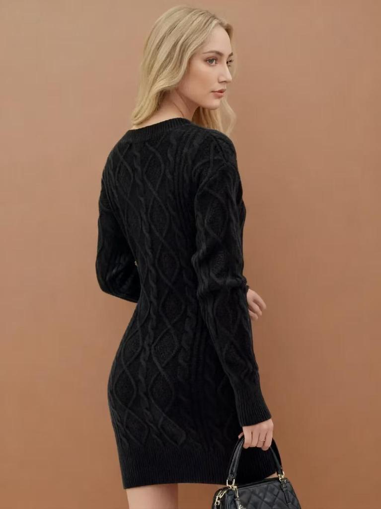 2025 Autumn/Winter Women's Mid-Length V-Neck Cable Knit Dress
