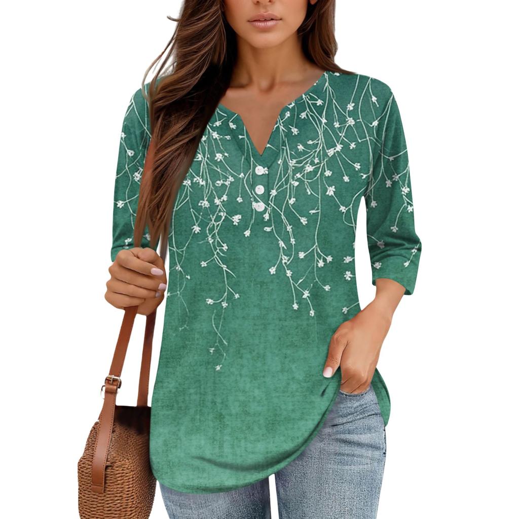 3/4 Length Sleeve Women's Tops Print Vintage Fashion Casual Loose With V Neck Plus Size Shirts Tops