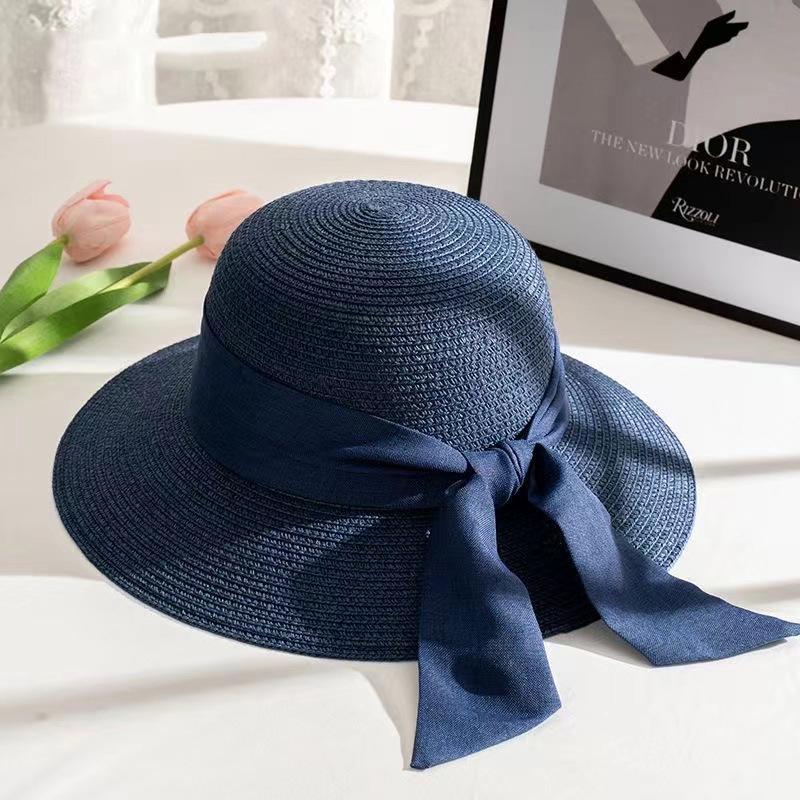 

Жіночий солом яний сонцезахисний капелюх з бантом - Літній пляжний дорожній капелюх-відро для відпустки