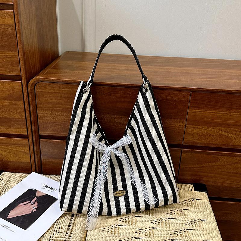 New Summer Striped Double Sided Shoulder Bag for Women with Bow Canvas Bag Casual Large Capacity Simple Letter Tote Bag