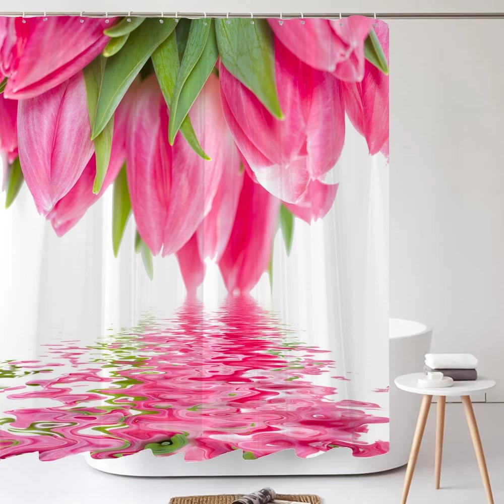1Pcs Fresh Flowers Style Waterproof Shower Curtain, Blue Butterfly Of Flower Bathroom Decoration Curtain, With Plastic Hooks