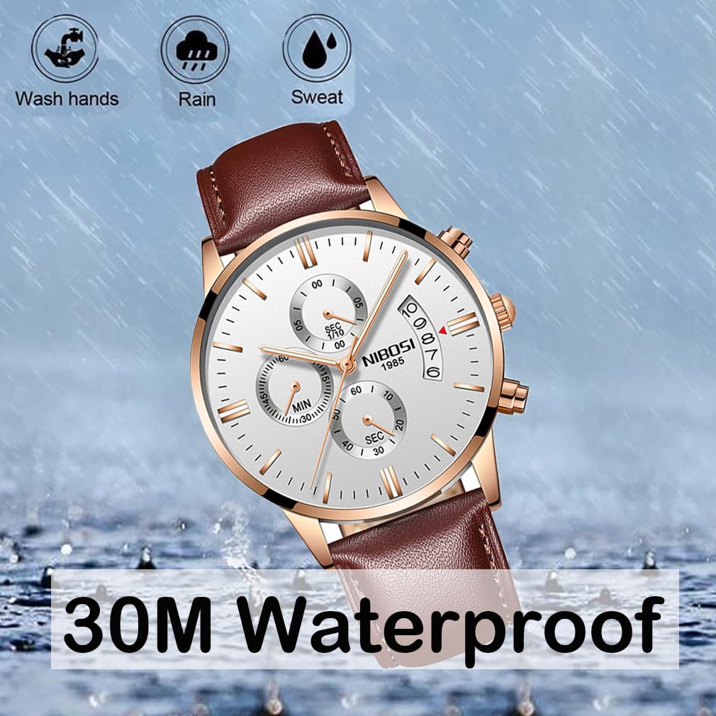 NIBOSI Watch Brown Leather Strap Chronograph Waterproof Brand Analog Business Arm Watch Stylish Casual Big Face Watch Luxury Gift White Watch for Men