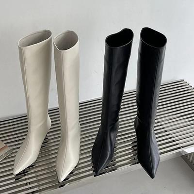 Fashion Sexy Pointed  Low Heels Knee Long Boots Women'S Spring/Autumn Pu Sewing Party Ball Western Boots 35-40