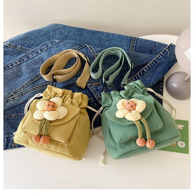 Cute Girl Crossbody Bag Casual Shoulder Bag Women Japanese Minimalist Drawstring Bucket Bag New Floral Design