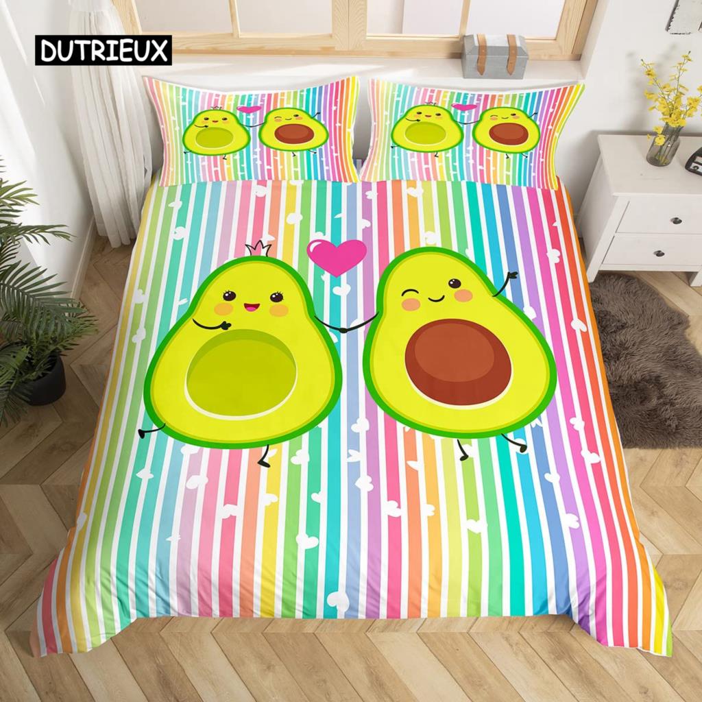 Avocado-Bettbezug-Set für Kinder, Kawaii-Bettwäsche-Set, süße Früchte, Bettbezug, Zwillingsgröße, tropischer botanischer Cartoon-Bettbezug