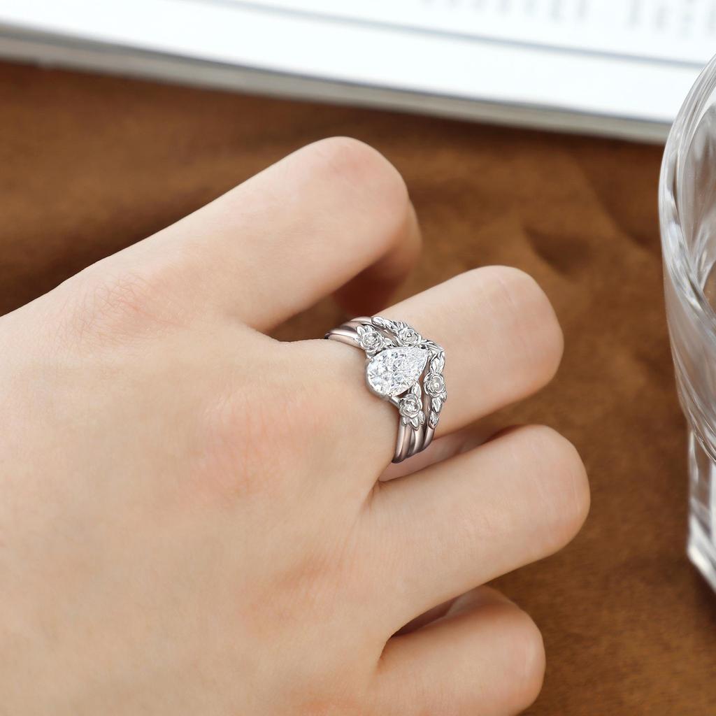 925 Sterling Silver Flower Ring Set with 1.5 Carat Zircon, Stackable Wedding Jewelry for Women - European & American Style