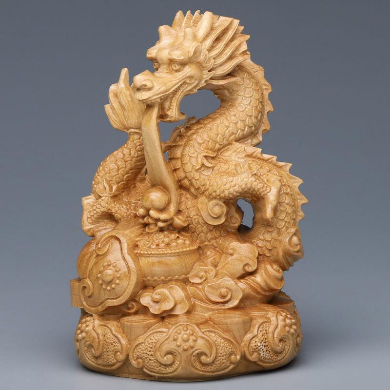Solid Wood Coiled Dragon Ornament - Exquisite Carving for Home or Car Décor, Symbolizing Fortune and Prosperity 10cm Length x 6.5cm Width