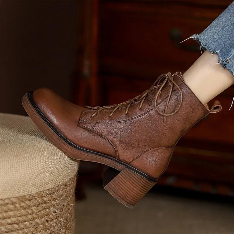 Winter Genuine Leather Women Boots Round Toe Thick Heel Lace Up Fashion Ankle Boots Retro Boots Platform Shoes Heels Grown