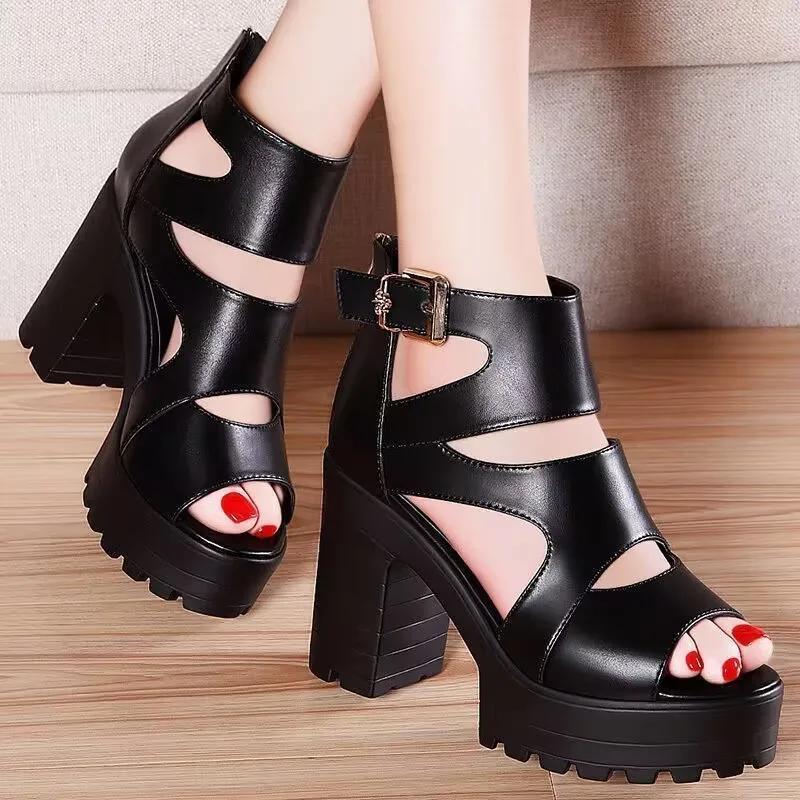 Fashion High Heels Sandalias De Mujer Thick Soles Wedges Hollow Out Roman Sandales Shoes Black Peep Toe Female Summer Footwear Slides