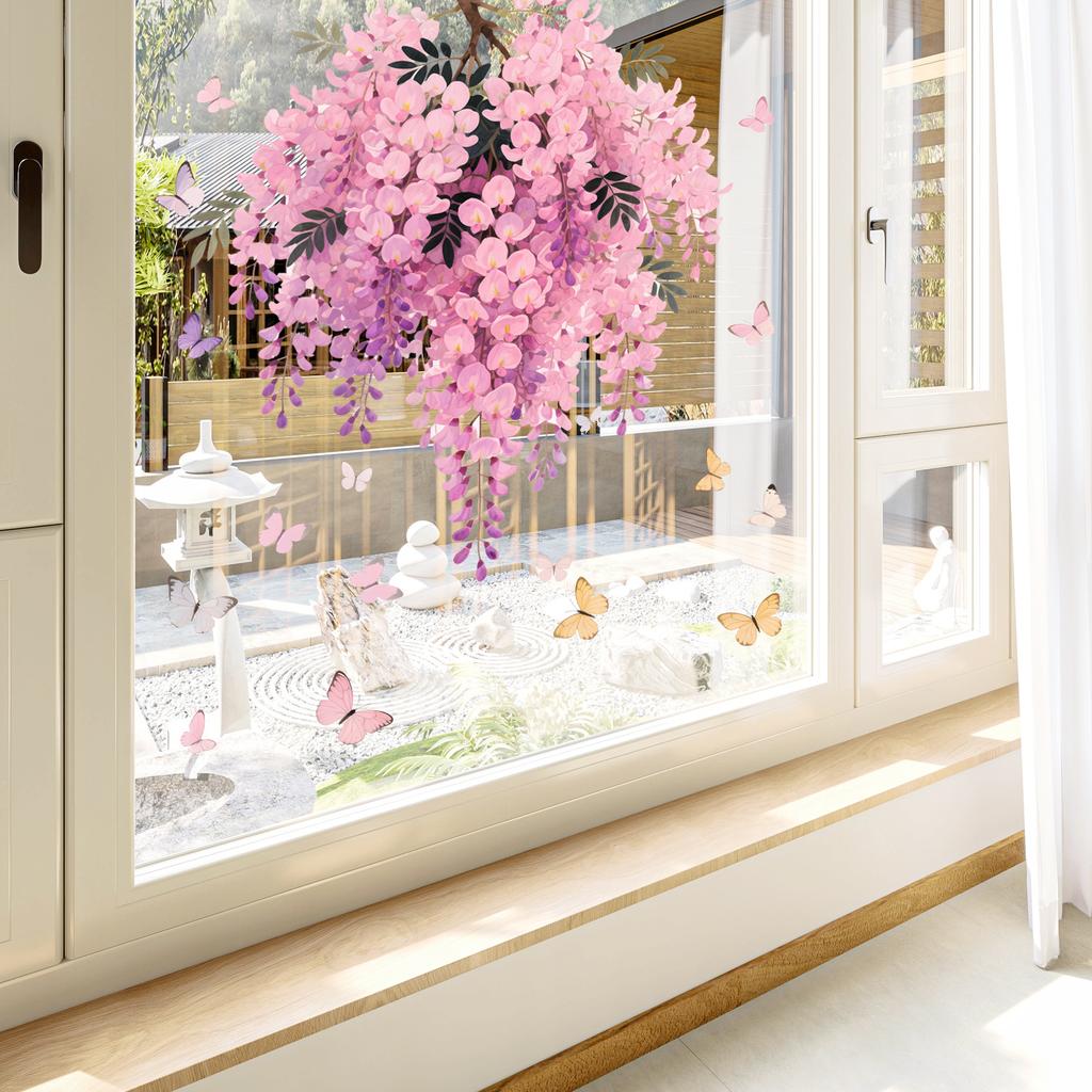 Pink Vine Flower Butterfly Static Cling Window Sticker Double Sided for Home Decor Bedroom Living Room