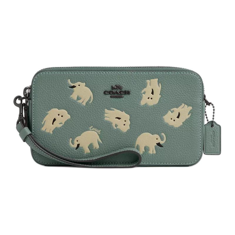 

COACH Kira 19 elephant print pebbled leather clutch shoulder crossbody bag small women s sage and pewter золотий