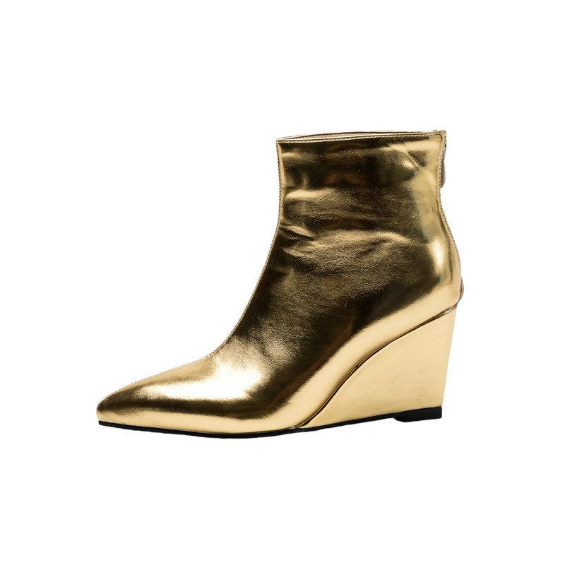Women's Short Boots Wedge Heel Short Boots Gold Silver Pointed Fashion Boots Thick-soled High-heeled Thin Boots Simple Short Boots