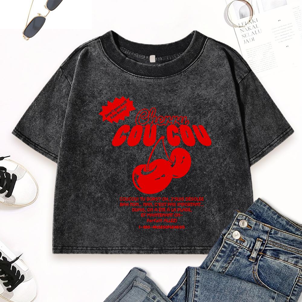 Cherry Cou Fresh Fruit Print Washed Tee Shirt Womens Y2K Comfortable T-Shirts Cotton Casual Clothes Short Sleeve