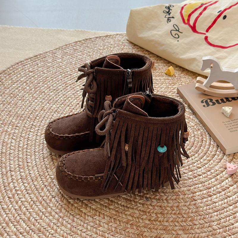 

Kids Short Boots Ethnic Style Girls Princess Boots Versatile Winter Children Casual Boots Suede Warm 26 кофейный