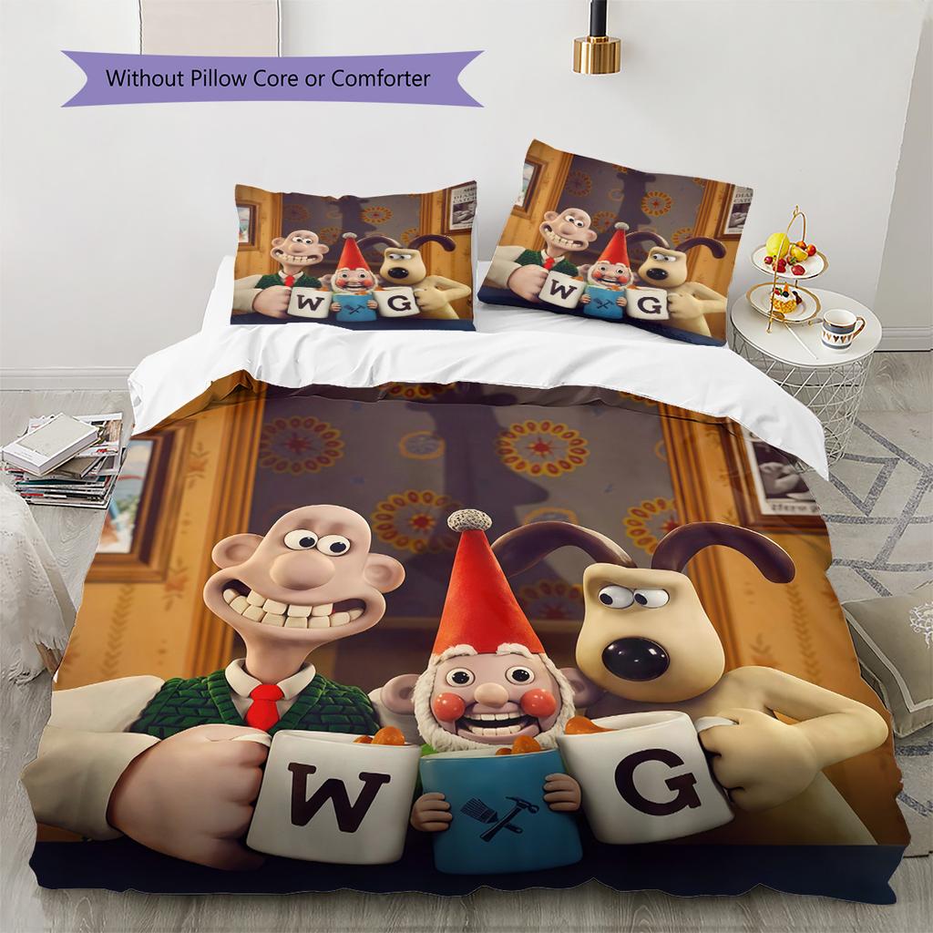 Wallace and Gromit2 Pattern Bedding Quilt Set Home Decoration Gift (1 * duvet cover + 2 * pillowcase without core)