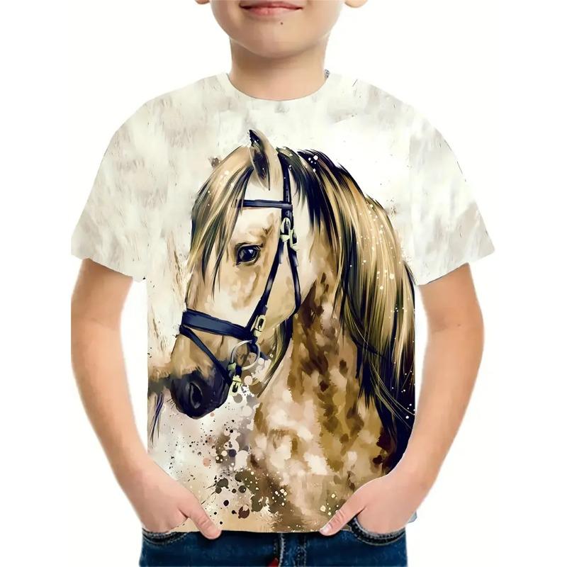 2025 Kinder-T-Shirt Neu Tier Pferd 3D-Druck Jungen- und Mädchen-T-Shirts Mode Kurzarm