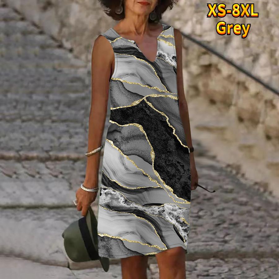 Women V Neck Summer Blue White Gold Edged Marble Pattern Print Dress Casual Sleeveless Fashion Casual Loose Sexy Dresses Plus Size XS-8XL