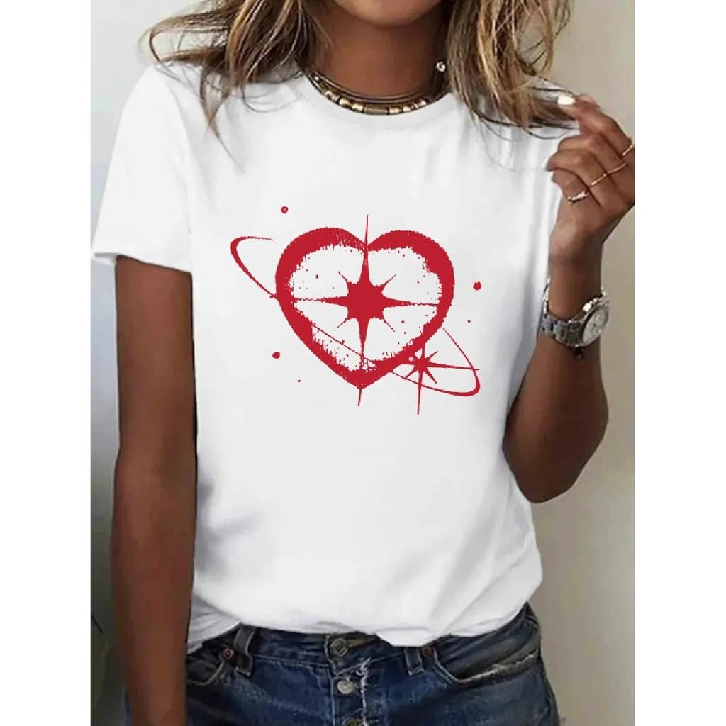Red Creative Heart and Square Star Pattern Printed Women's T-shirt Short Sleeved Round Neck Top Casual Summer Women's Clothing