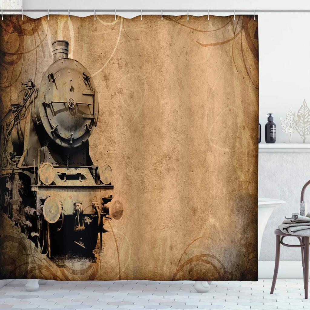 Vintage Industrial Steam Engine Shower Curtain Antique Old Times Locomotive On Rail Road Retrotrain Station Bathroom Curtain