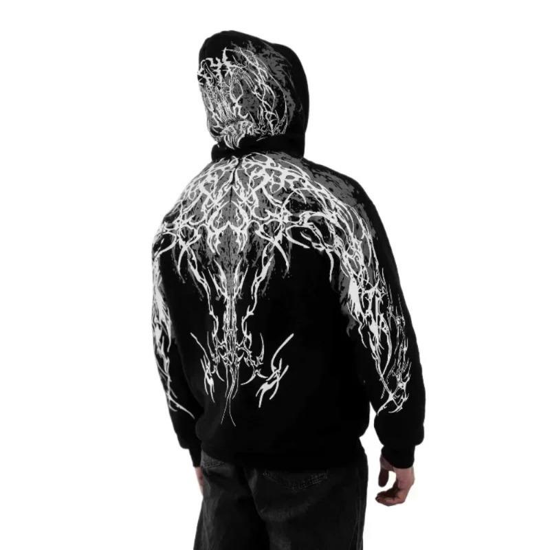 Felpa con Cappuccio Riflettente Stampa Gotica Uomo Donna Harajuku Streetwear Oversize Nera Felpa con Cappuccio Hip Hop Pullover Top Nuovo