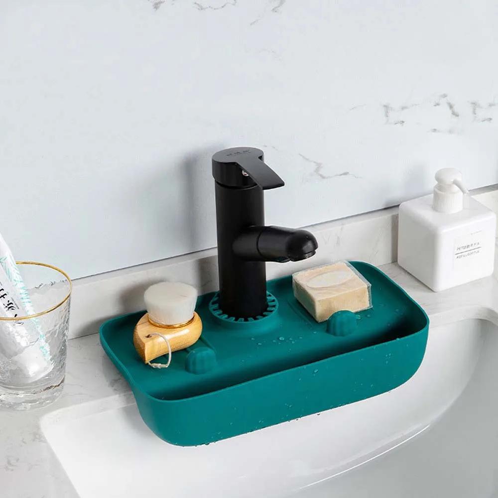 

Economic Drying Storage Basket Silicone Faucet Mat Sink Tray Kitchen Sink Splash Pad Soap Dispenser Sponge Drain Mat Countertop зелёный