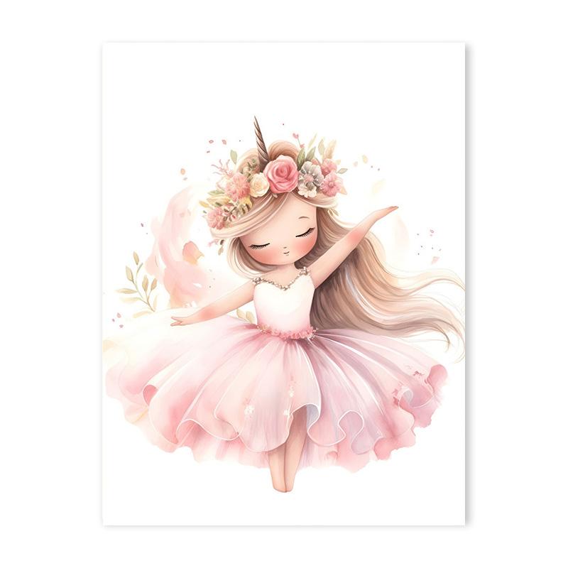 Poster Toile Décorative Fille Ballerine Rose Licorne Papillon Chambre d'Enfant Art Mural Poster Décor Chambre de Bébé