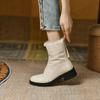 2024 Nya Äkta Läder Tjock Päls Snöstövlar Dam Vinterskor Rund Tå Dragkedja Fyrkantiga Låga Klackar Vardagsskor Dam Ankelstövlar