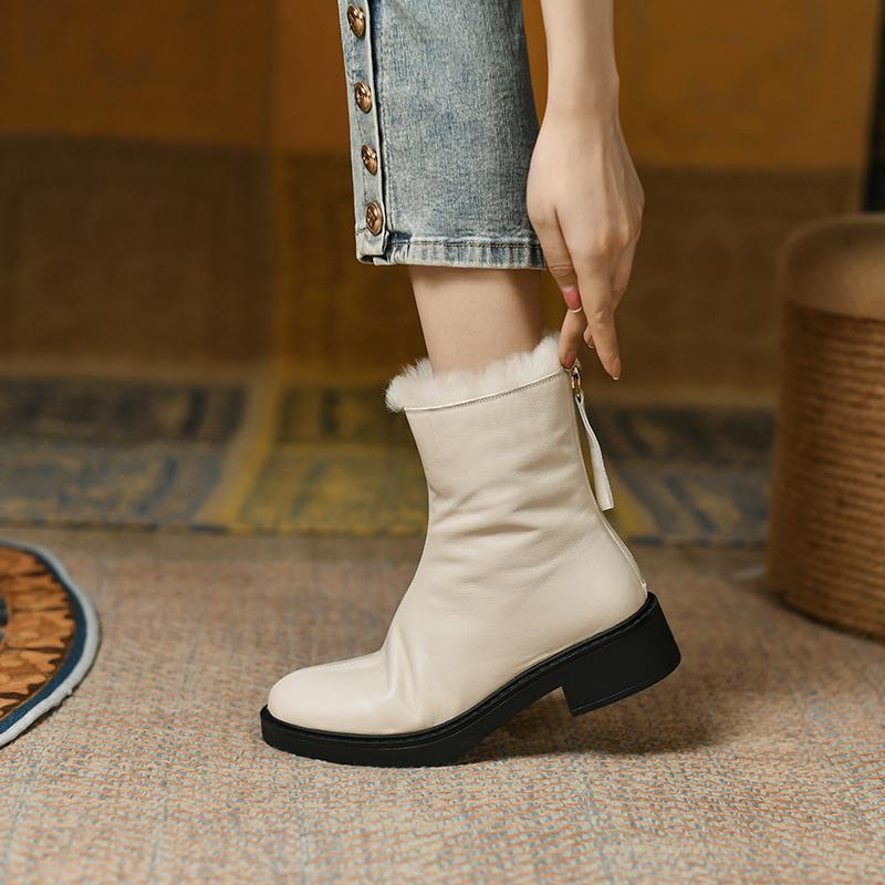2024 Nya Äkta Läder Tjock Päls Snöstövlar Dam Vinterskor Rund Tå Dragkedja Fyrkantiga Låga Klackar Vardagsskor Dam Ankelstövlar