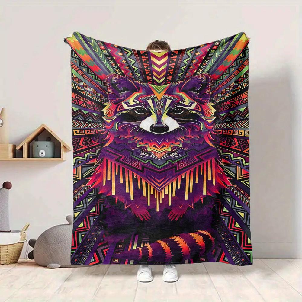 1pc Raccoon Vibrant Print Blanket - Lightweight Flannel Throw Blanket For Sofa, Bed, Living Room, Office, Outdoor Travel, Camping, Soft All-Season079