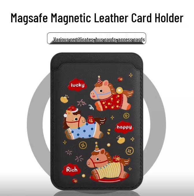 Lucky Happy Little Horse MAGsafe Magnetic Leather Card Holder Compatible Apple Phone Case Single Card Package