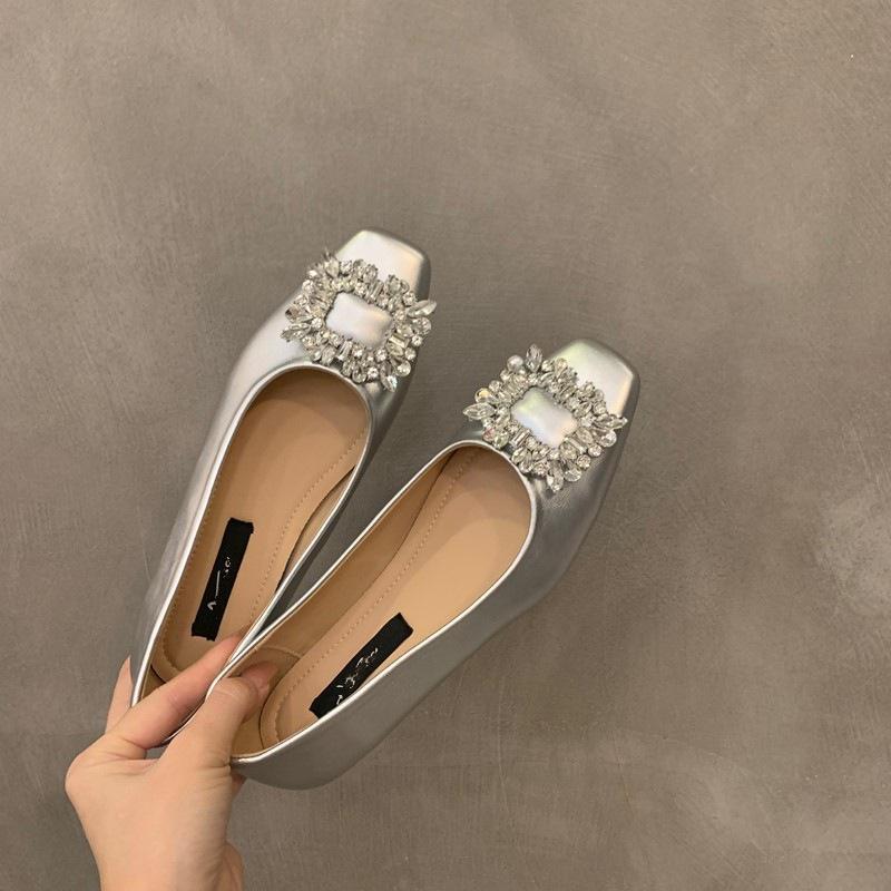 Flat Bottom Silver High-end Square Head Rhinestone Single Shoes Women's Shoes Autumn 2025 New Commuter Black Beanie Shoes