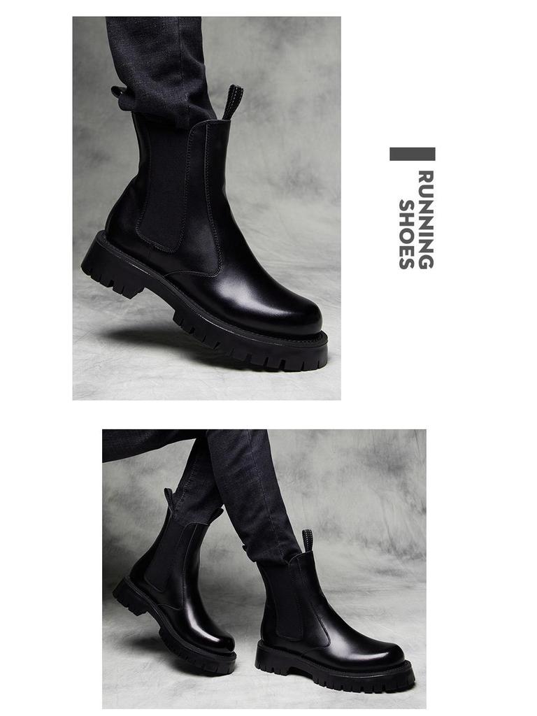 Men's Black British-Style Chelsea Boots: Soft Leather, High Top, Thick Sole, Motorcycle Workwear