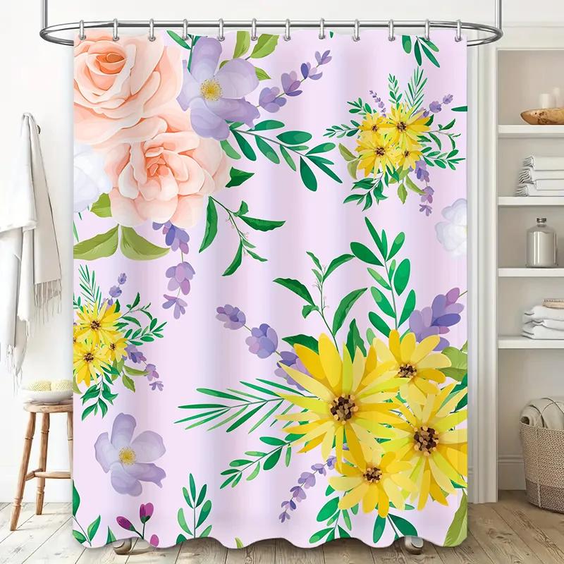Beautiful Floral Shower CurtainLavender Pink with Yellow and Purple Flowers Waterproof Fabric for Bathroom Decorations