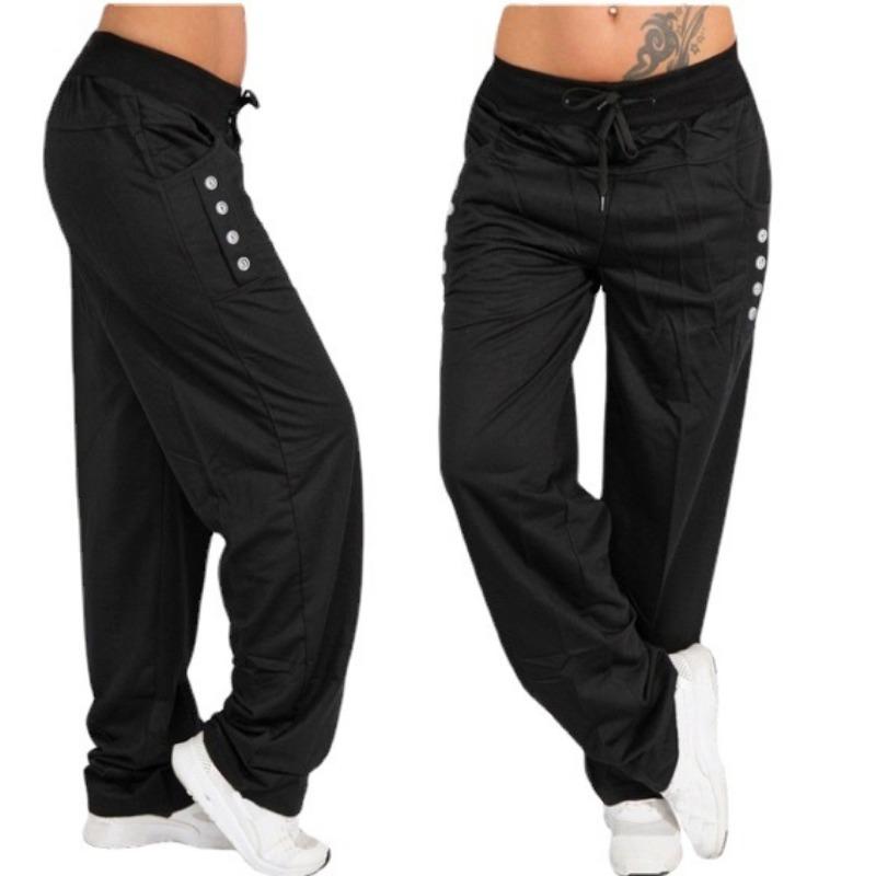 Calças Casuais Femininas Largas de Perna Reta 2024 Primavera Outono Cor Sólida Cordão Plus Size Calças Bolsos Calças Esportivas 1836