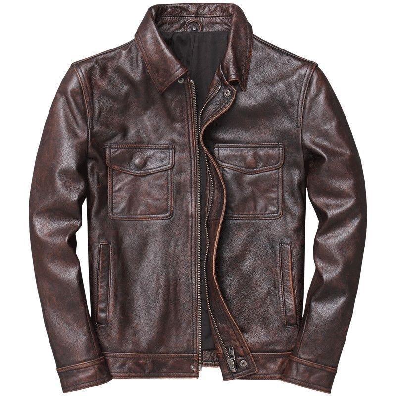 The new Khaki cowhide pattern is very good, leather jacket, men's stand-up collar lapel locomotive clothing, middle-aged and young men's leather jacke